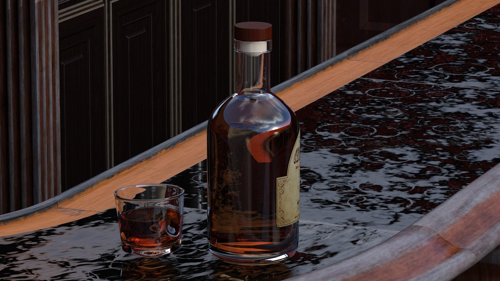 Bourbon whiskey bottle and filled glass sitting on a dark marble bar counter