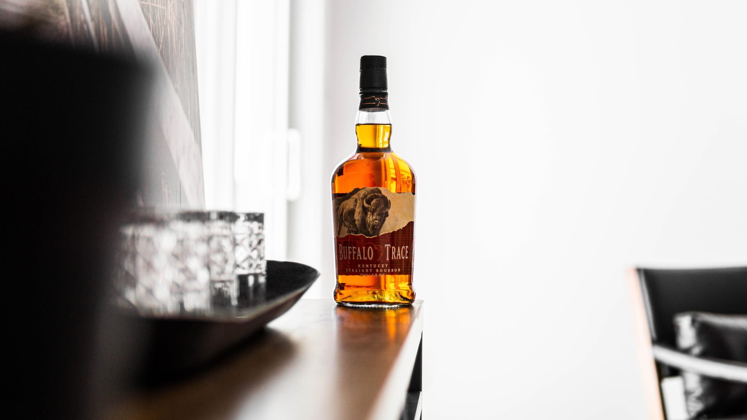 Buffalo Trace Kentucky Straight Bourbon bottle on a wooden table